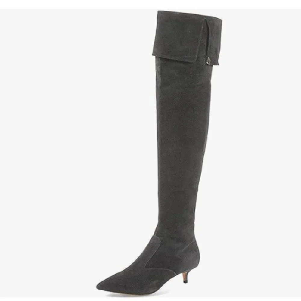YDN Grey Pointed Toe Over The Knee Kitten Heel Wide Calf Zipper Dress Shoes